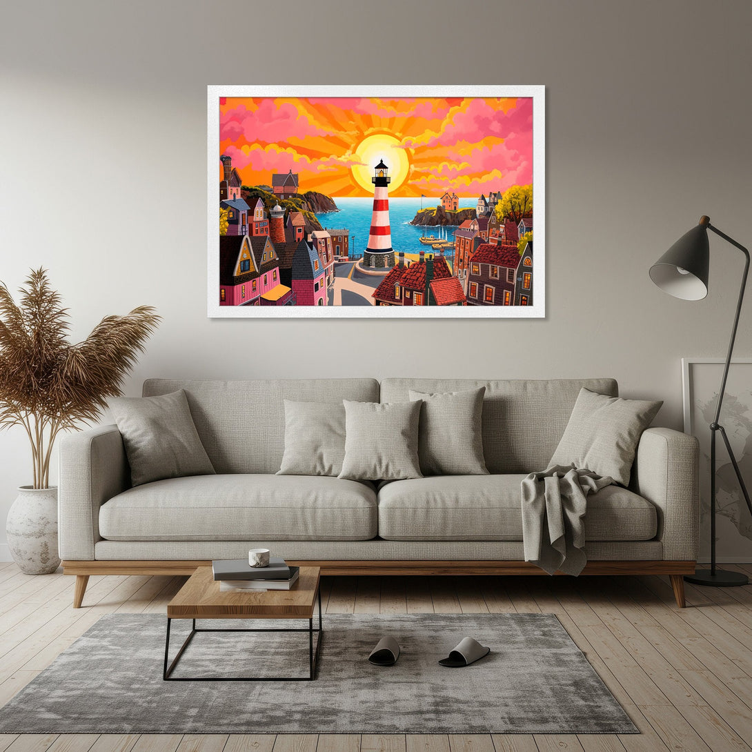 Framed Poster of a coastal town with a lighthouse at sunset, vibrant colors and a charming illustration style. Perfect wall art!