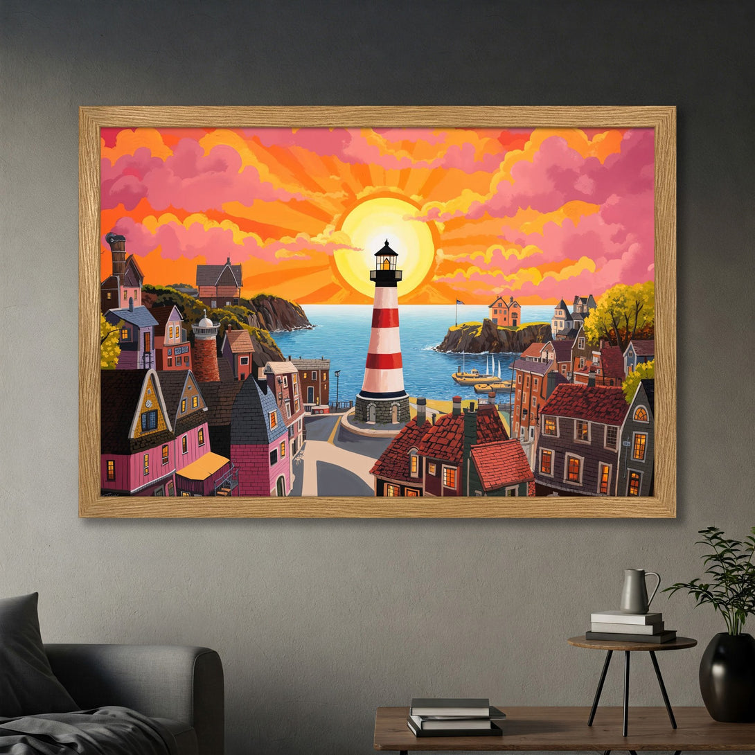 Framed Poster featuring a vibrant coastal scene with a lighthouse, sunset, and colorful buildings. Stylized illustration with warm orange, pink, and blue hues.