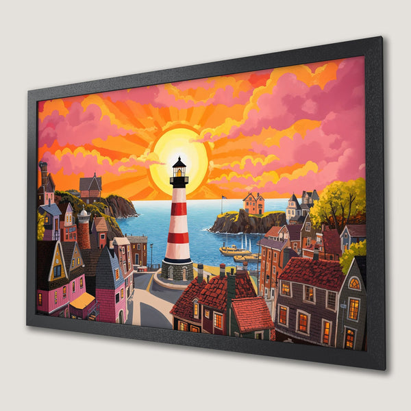 Framed Poster of a coastal town with a lighthouse, vibrant sunset, and warm color palette. Perfect wall art!