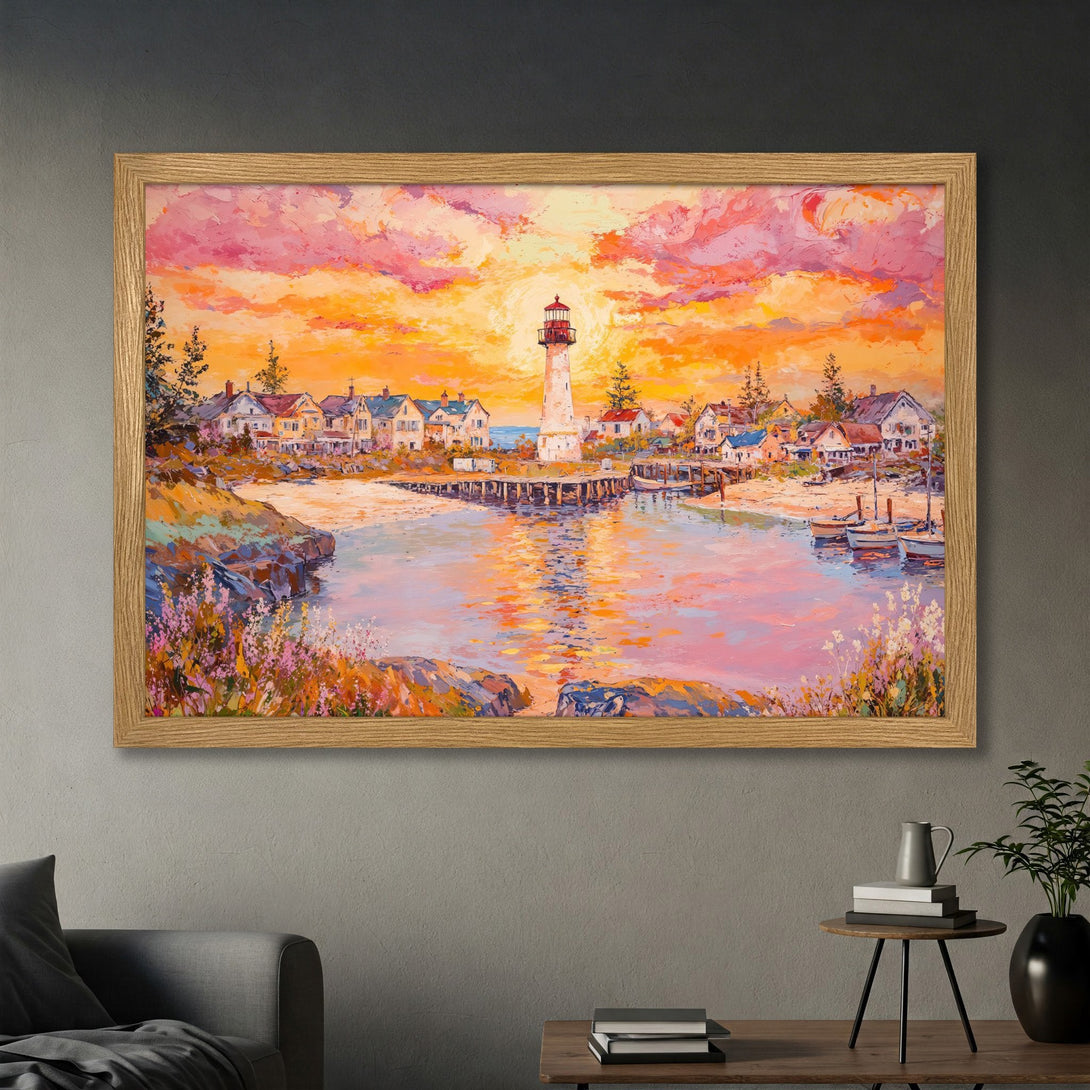 Framed Poster of a lighthouse and harbor scene, impressionist style with warm sunset colors. Perfect wall art for coastal decor.