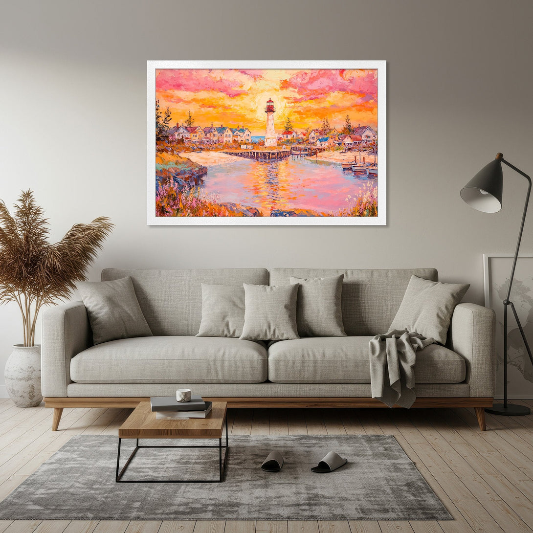Framed Poster of a lighthouse painting in impressionist style, featuring a warm, vibrant color palette of pinks, oranges, and yellows.