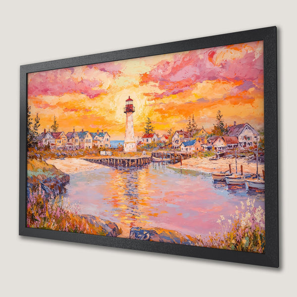 Framed Poster of a coastal sunset scene with a lighthouse. Impressionist style, warm orange and pink color palette.