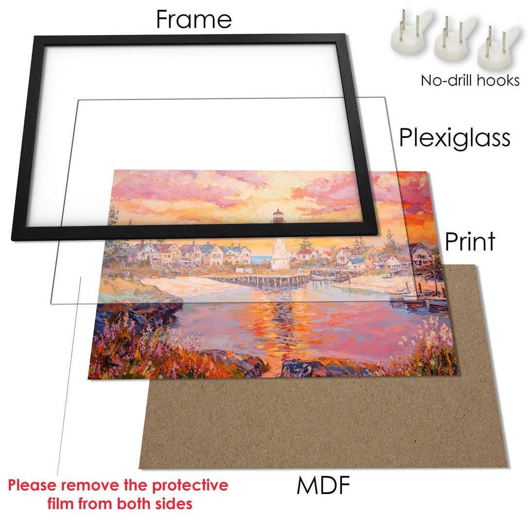 Framed Poster: Coastal sunset art print in warm pink, orange, and yellow tones. Perfect wall decor.