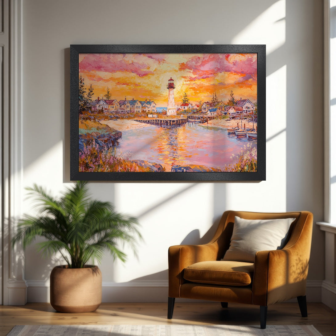 Framed Poster of a coastal sunset scene. Impressionistic style with warm orange, pink, and yellow hues. Perfect wall art to brighten your home.