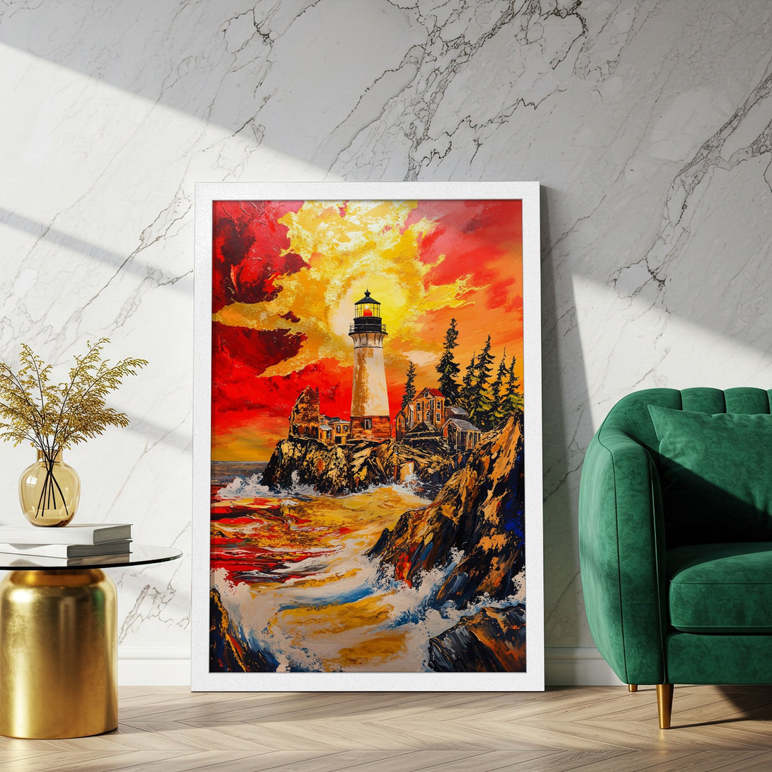 Framed Poster of a lighthouse on a rocky coast, vibrant impasto style art with a warm red, yellow, and blue color palette. Perfect wall decor.