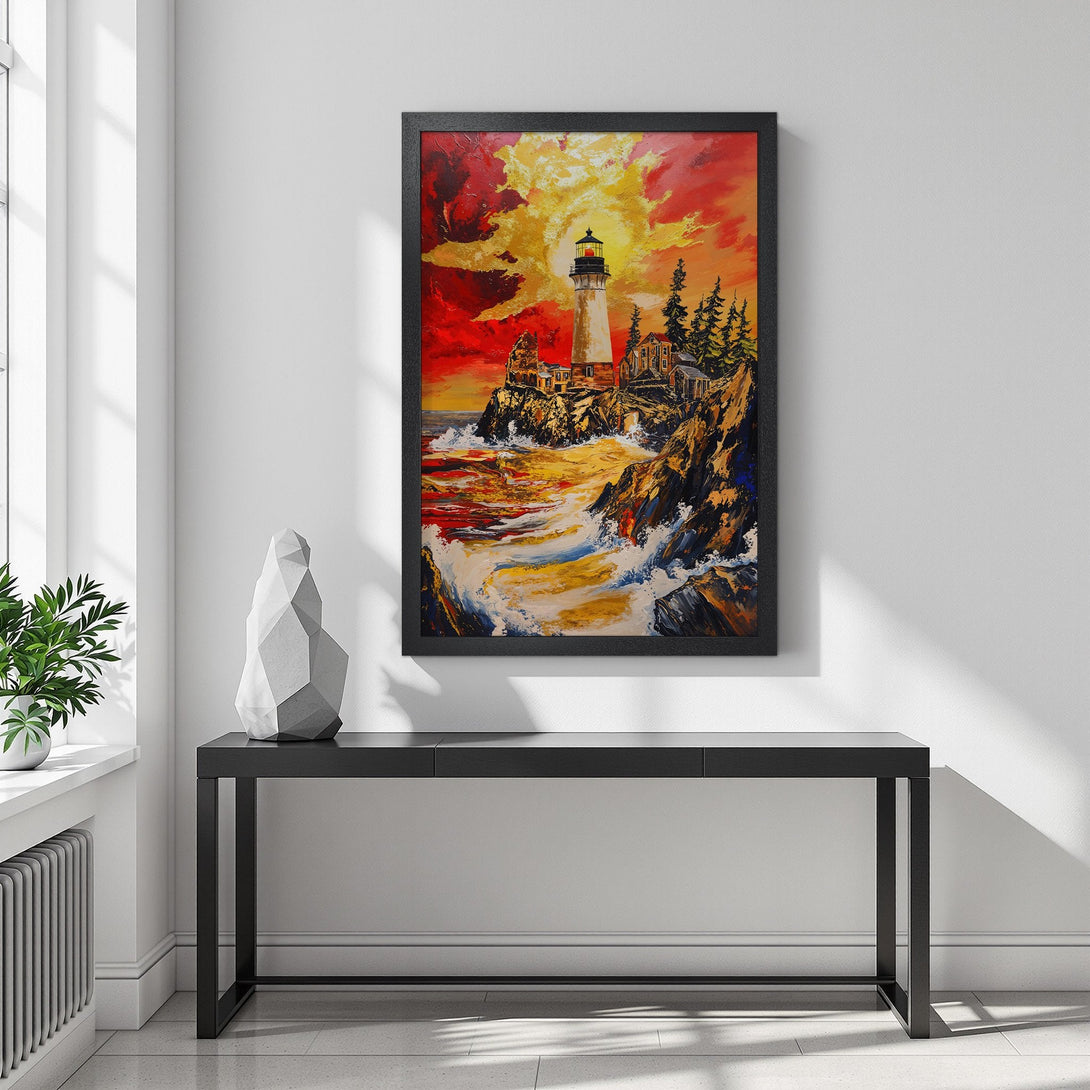 Framed Poster of a lighthouse painting, vibrant sunset colors. Coastal art print in a modern style, perfect wall decor.