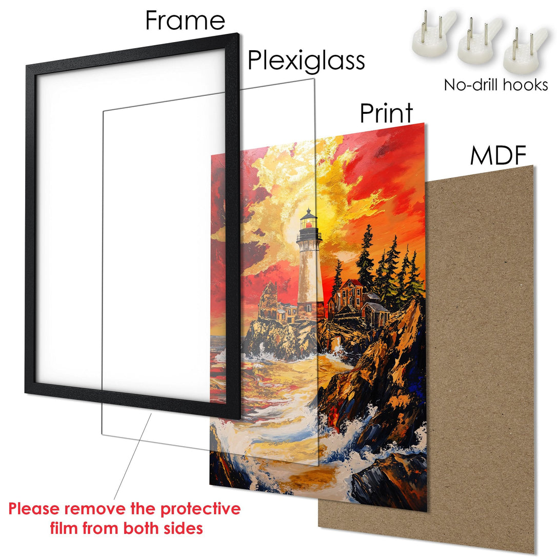Framed Poster featuring a lighthouse landscape in an impressionistic style with a warm, fiery color palette. Enhance your space with this art!