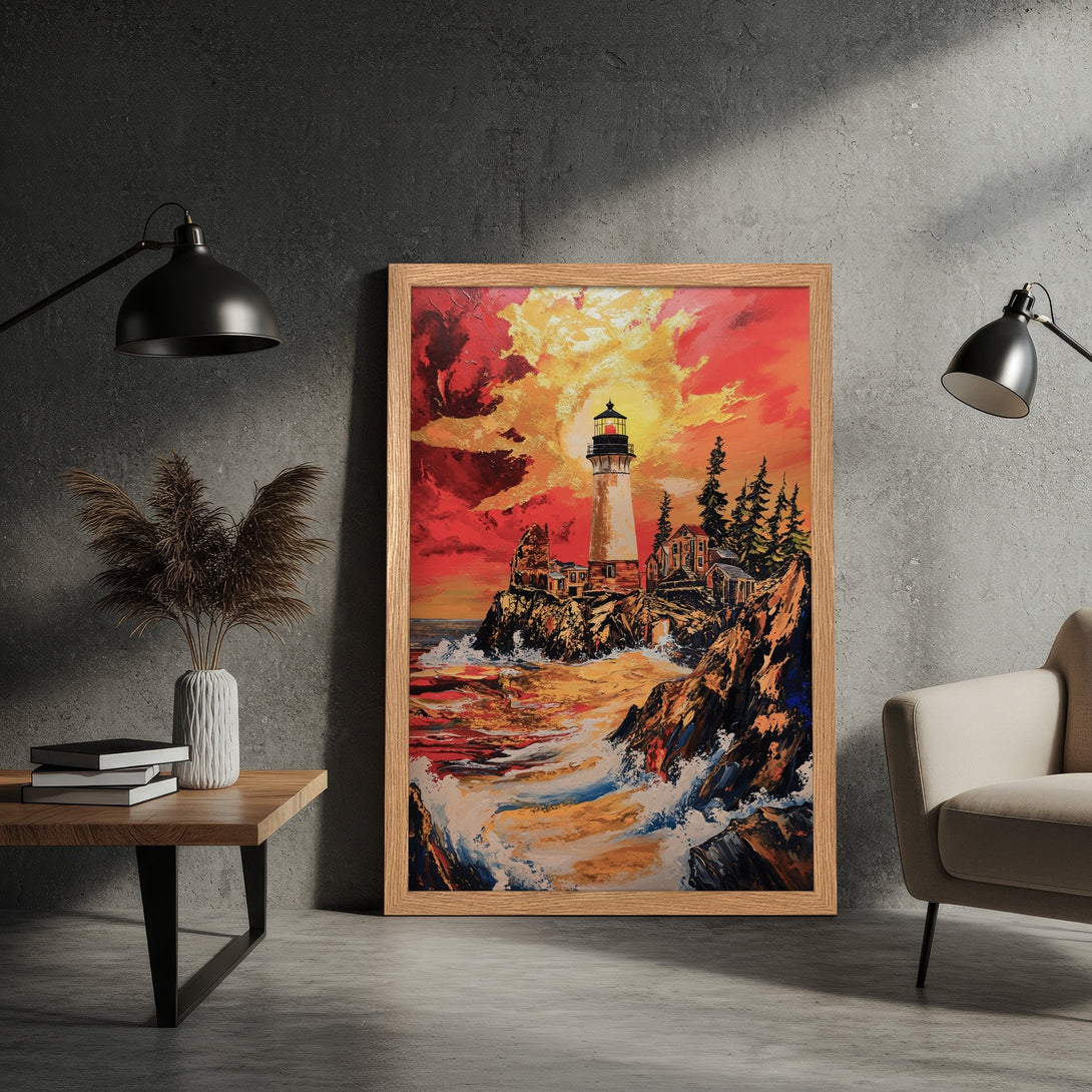 Framed Poster of a lighthouse painting in a vibrant, impressionistic style with a warm red and yellow color palette. Perfect wall art!