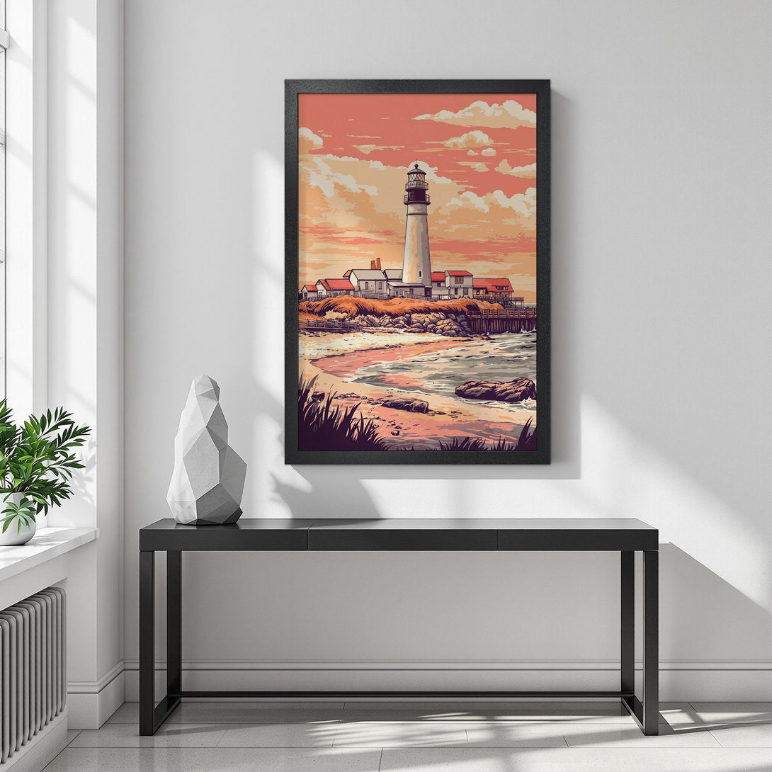 Framed Poster featuring a lighthouse scene in a vintage style with warm orange and pink hues. Perfect wall art for coastal decor.