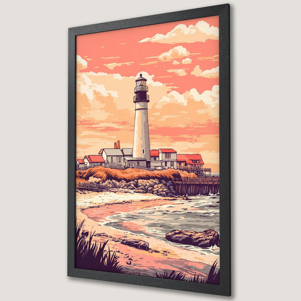 Framed Poster featuring a lighthouse on a beach. Vintage style art with a warm, sunset color palette. Perfect wall art for your home!