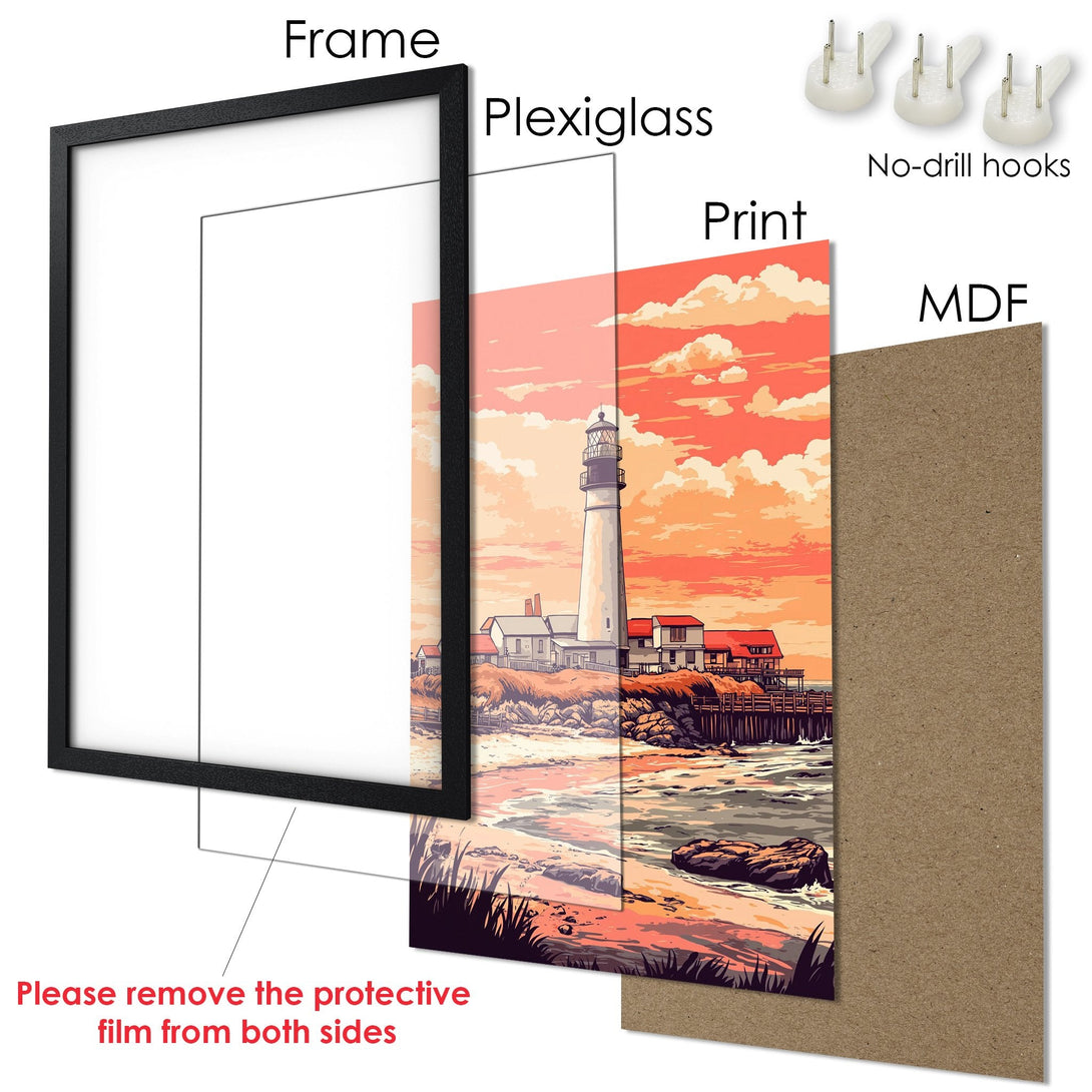 Framed Poster featuring a lighthouse art print in a warm color palette. Modern style, ready to hang!