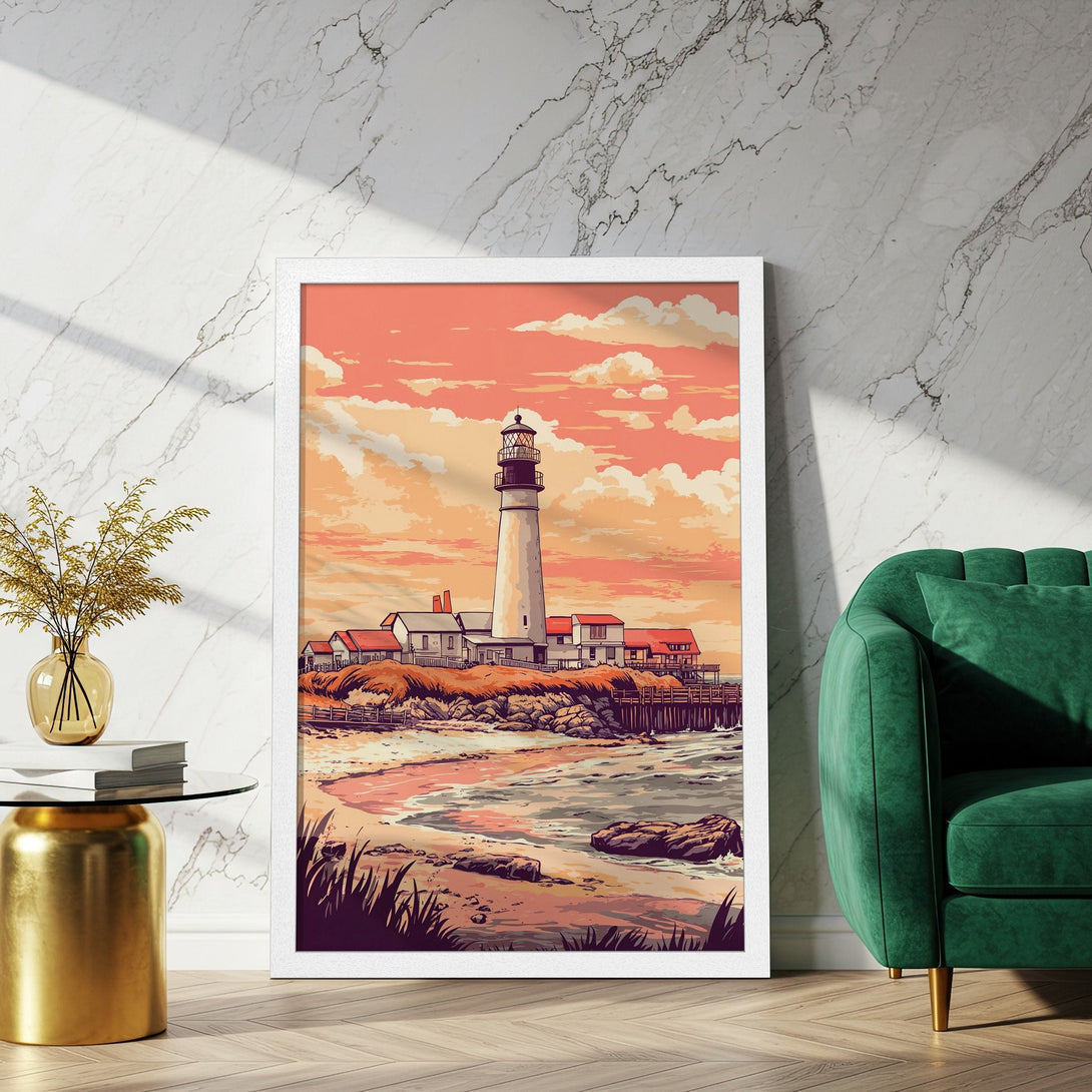 Framed Poster featuring a lighthouse on the coast, in a vintage style with warm orange and beige tones. Perfect wall art for your home!