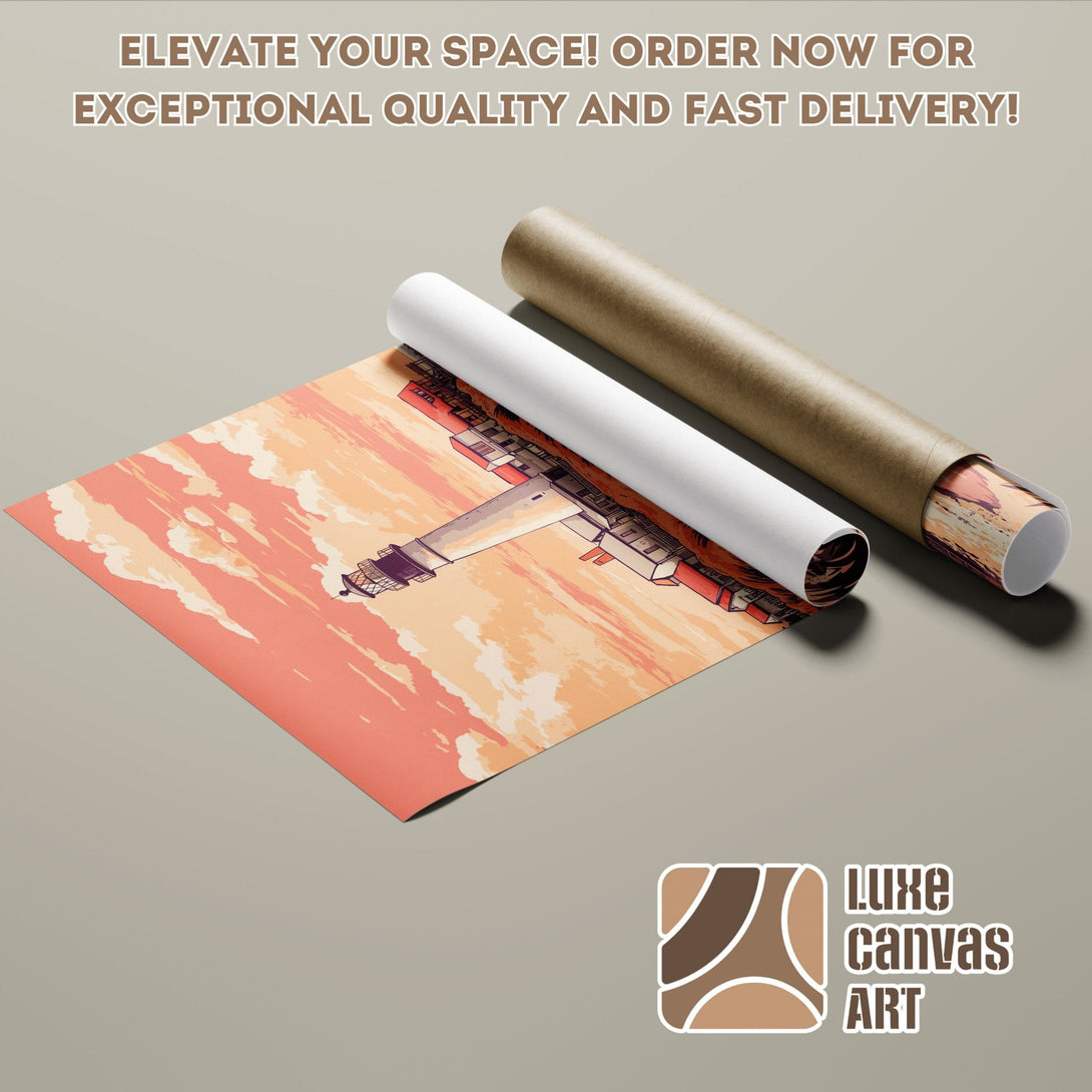 Poster Roll featuring a lighthouse in a retro style, warm peach and orange tones. Elevate your space!