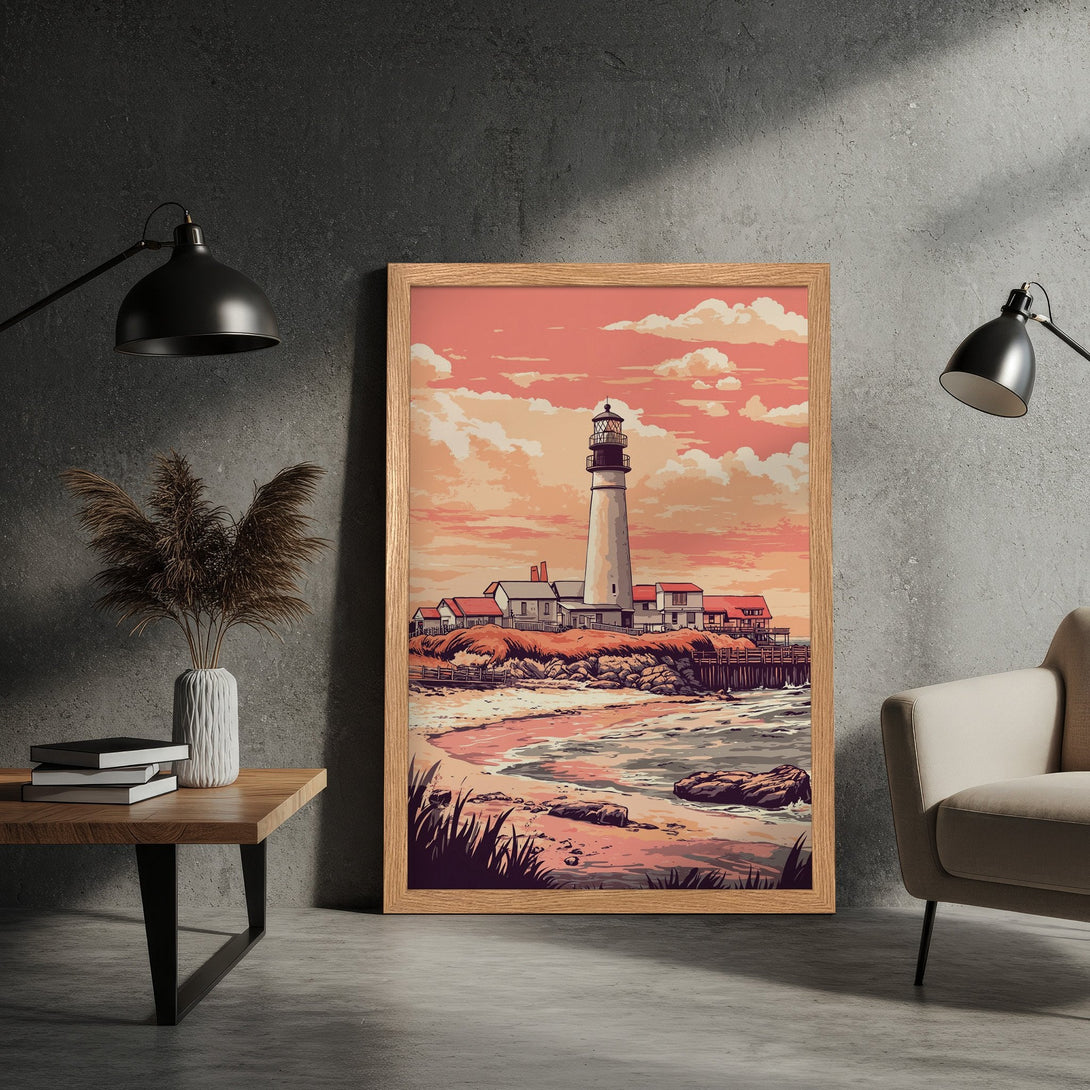 Framed Poster featuring a lighthouse art print in a vintage style with a warm, sunset color palette. Perfect coastal decor!