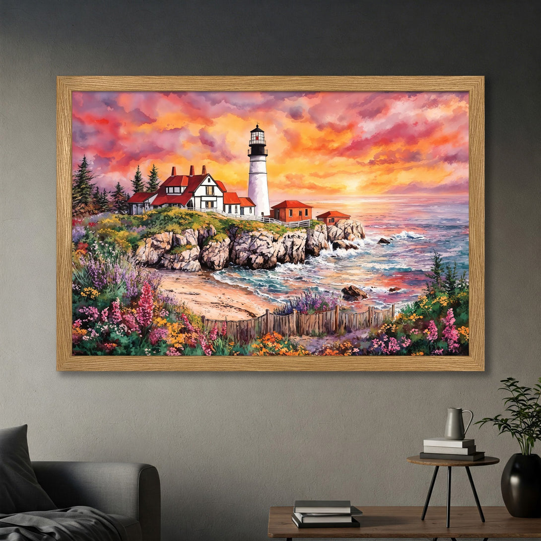 Framed Poster of a lighthouse at sunset. Impressionist style, vibrant orange, pink, and blue color palette. Coastal art for your home.