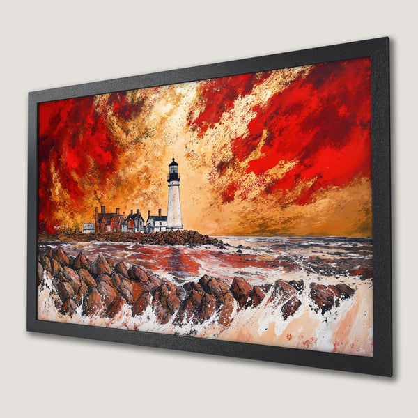 Framed Poster of a lighthouse painting in an expressive style with a fiery red and orange color palette. Coastal art for your home.