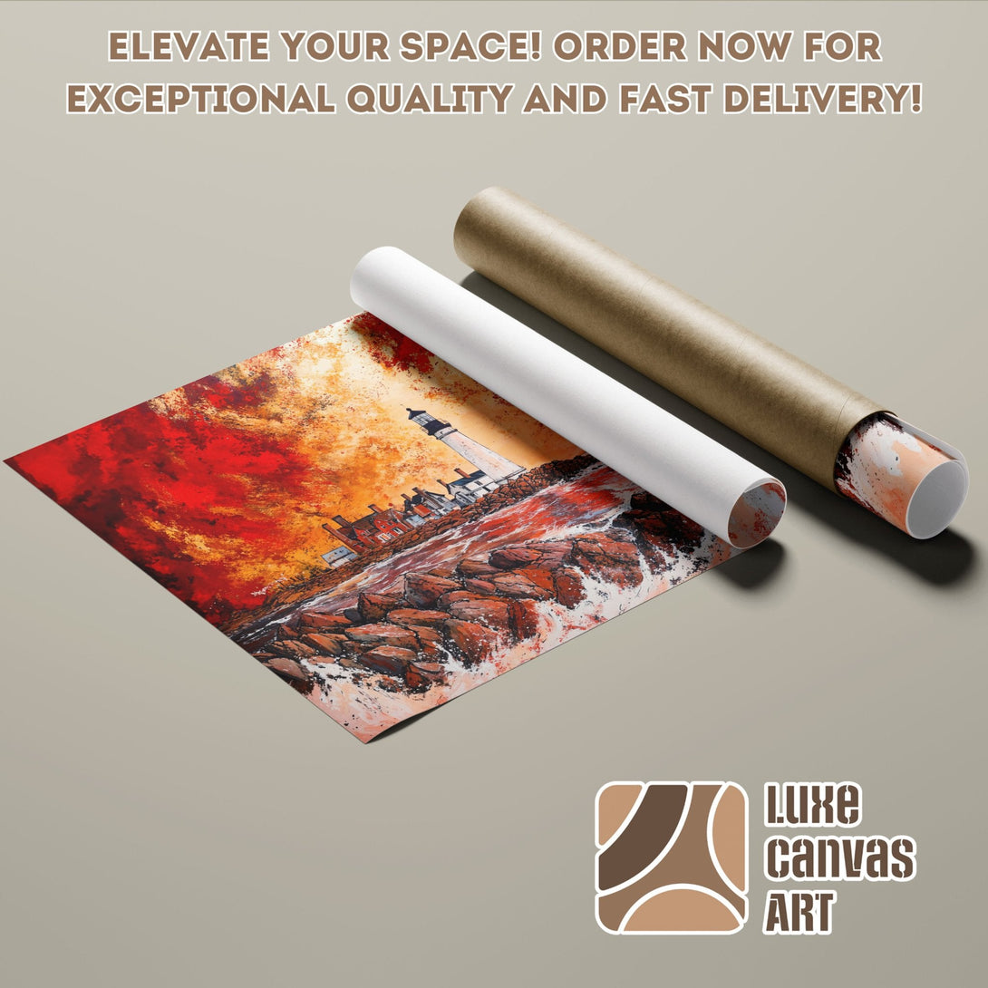 Artistic Lighthouse Poster Roll, vibrant red and orange palette, ready to elevate your space!