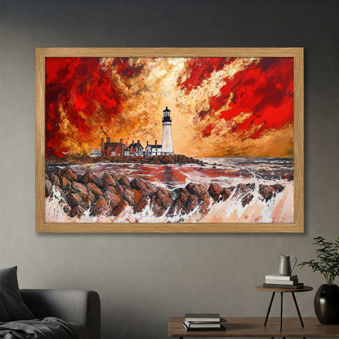 Framed Poster of a lighthouse scene with a dramatic red and orange sky. Artistic style, vibrant color palette.