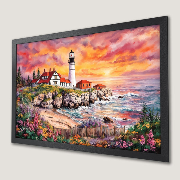 Framed Poster of a lighthouse landscape in vibrant sunset colors. Coastal art, perfect for home decor.
