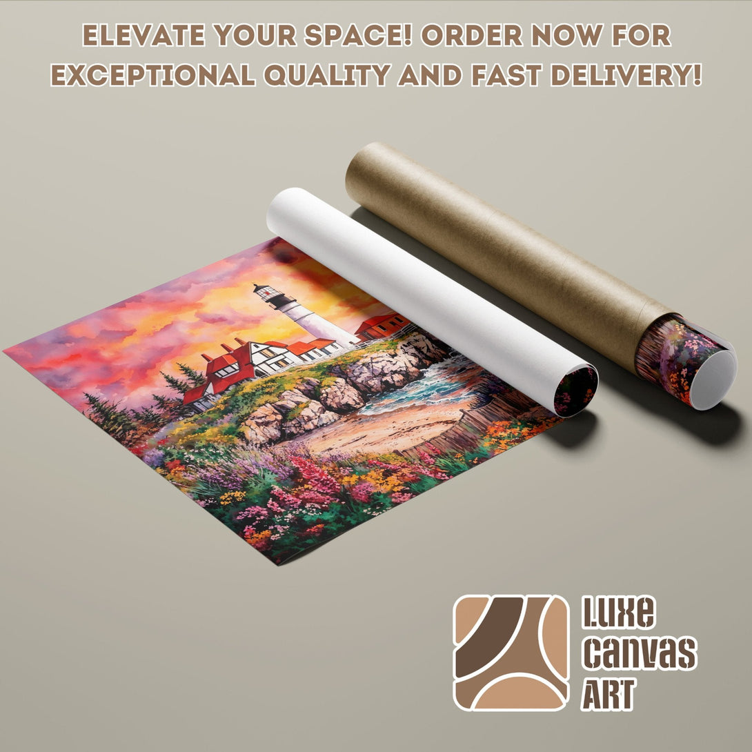 Lighthouse Poster Roll in vibrant watercolor style. Sunset colors and coastal art for your home.