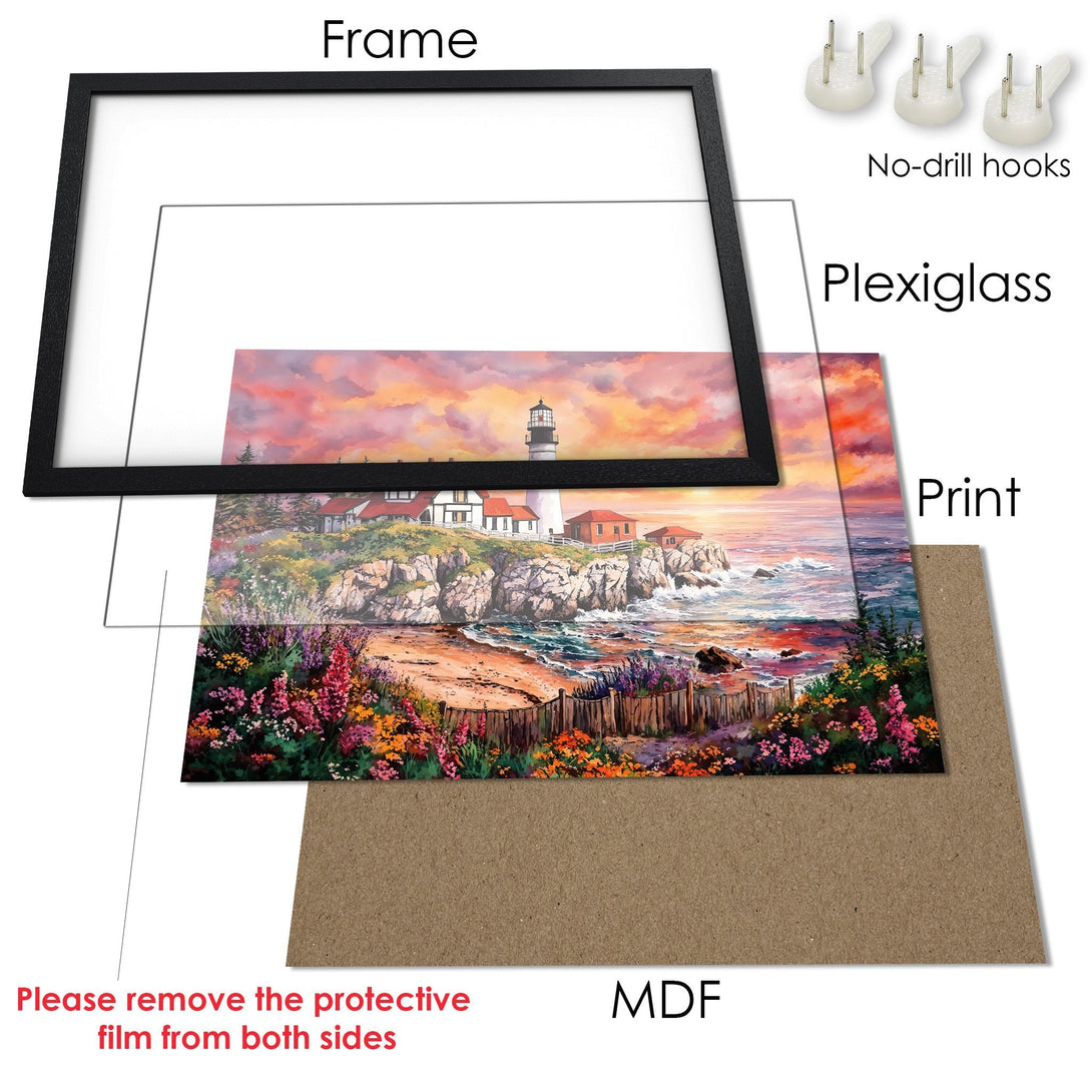 Framed Poster of a lighthouse landscape painting in warm colors. Coastal art style. Ready to hang!