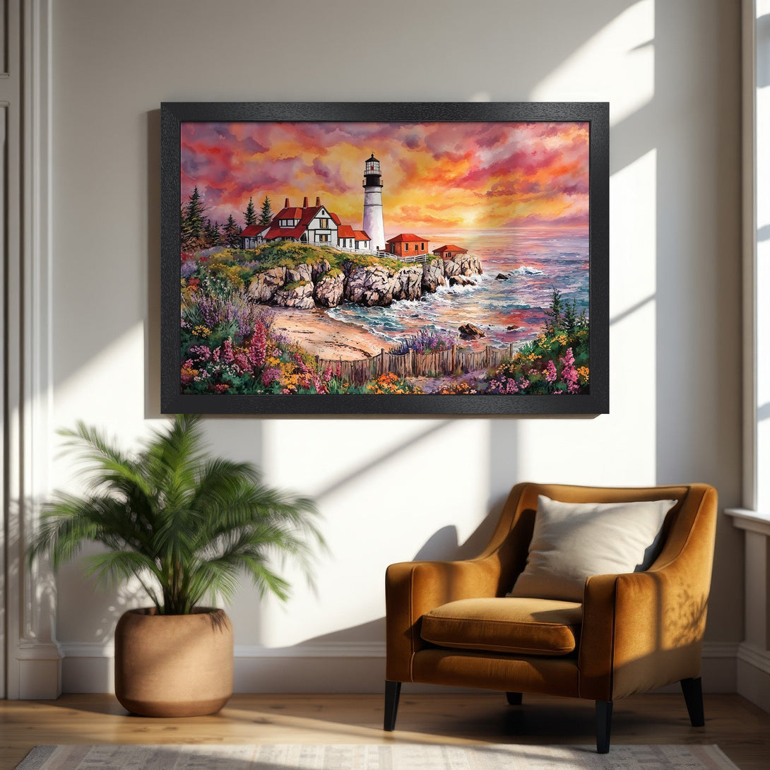 Framed Poster of a lighthouse at sunset. Impressionistic style with warm sunset colors. Perfect wall art for your home.