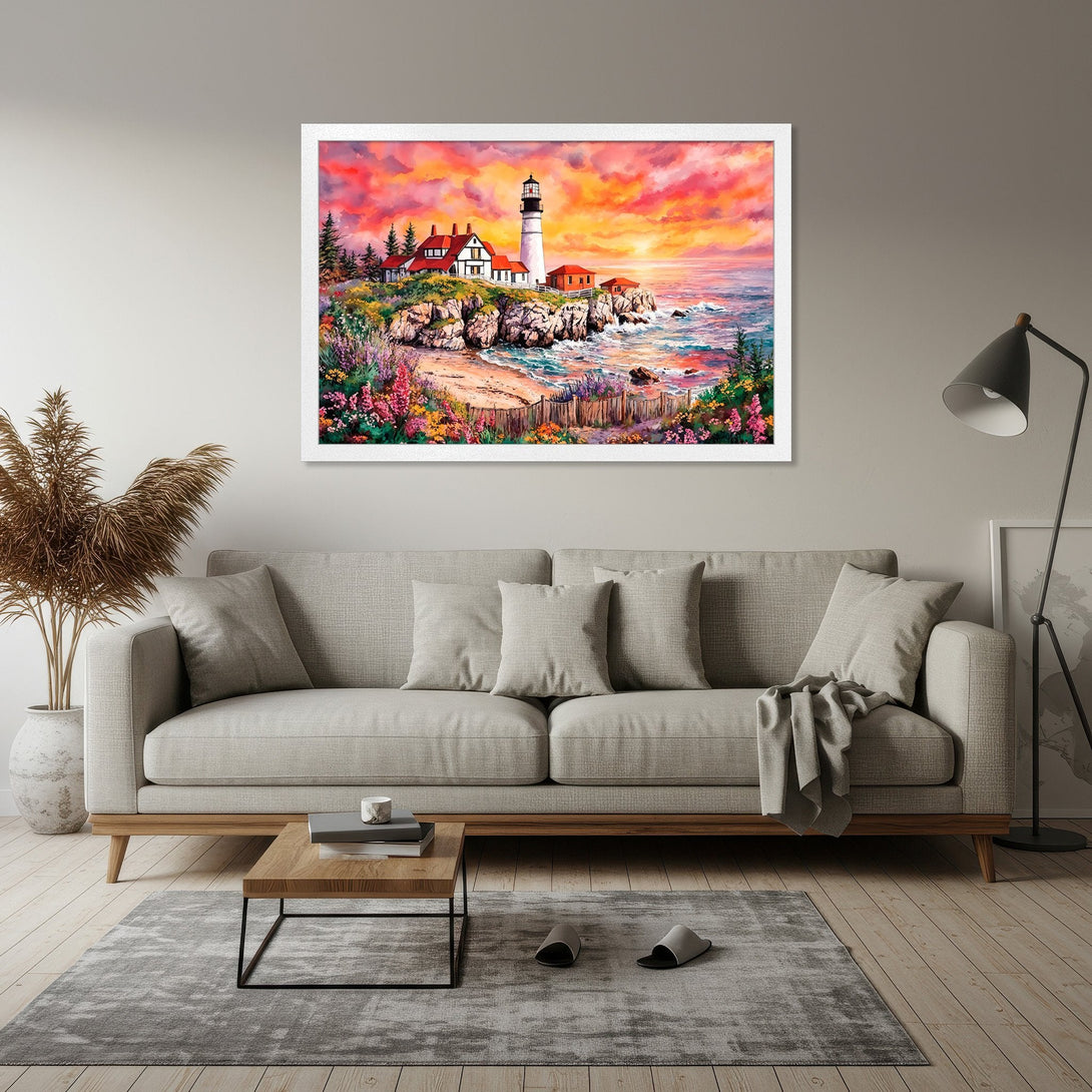 Framed Poster featuring a lighthouse painting in a vibrant watercolor style with a warm, colorful sunset palette.