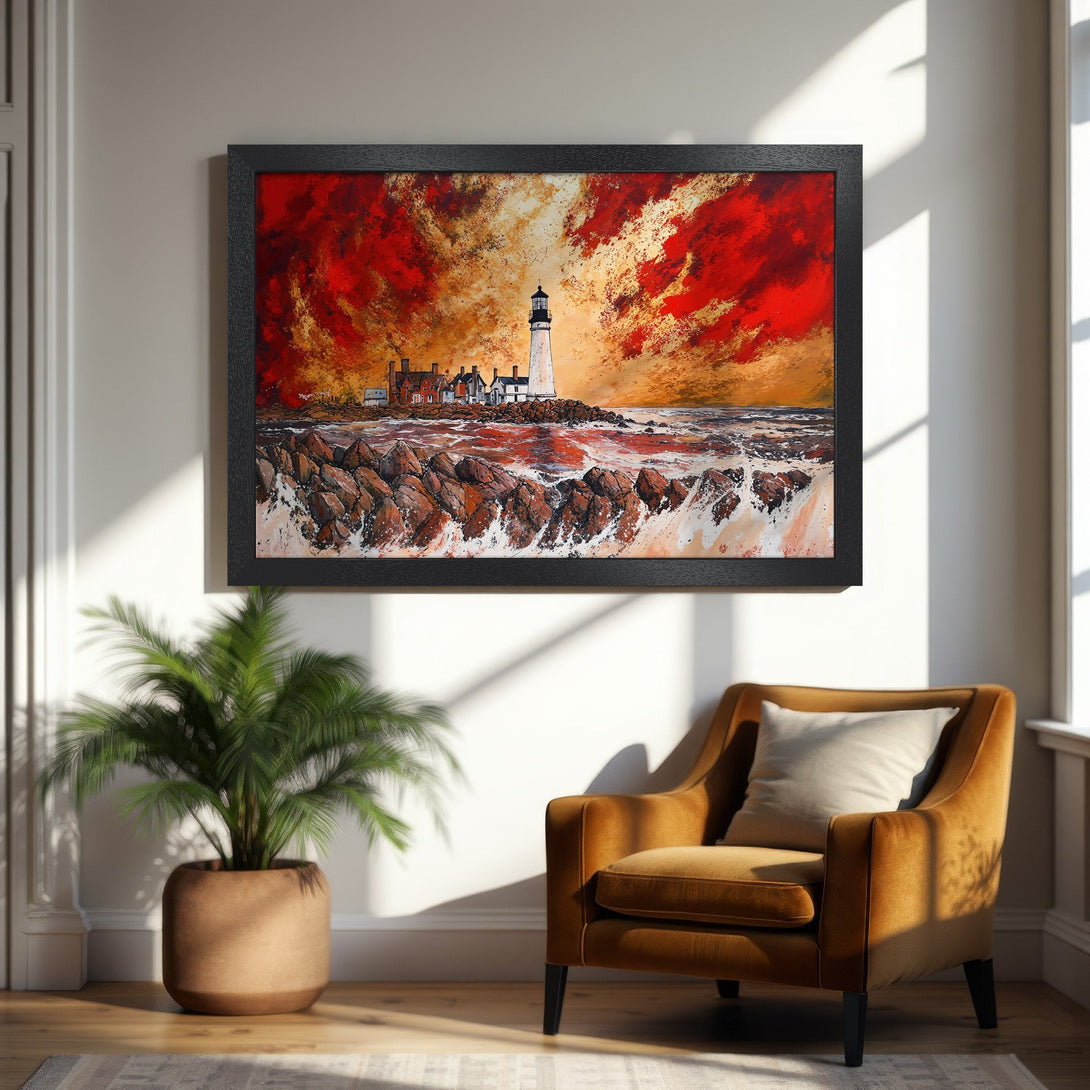 Framed Poster of lighthouse art in vibrant red and orange hues. Coastal landscape print for home decor.