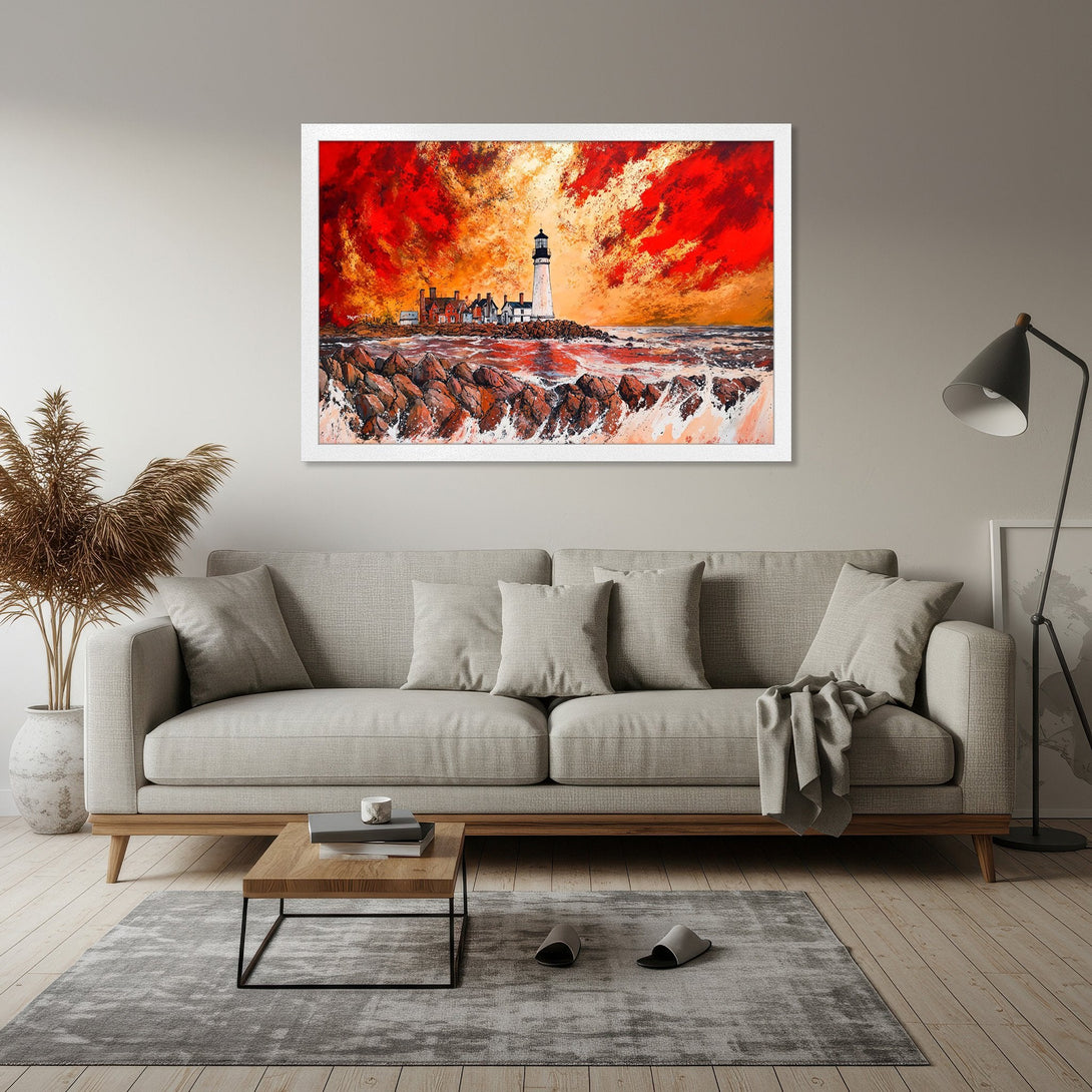 Framed Poster featuring a lighthouse painting with a vibrant red and orange sky. Coastal art print in a modern style.