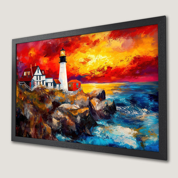 Framed Poster of a lighthouse painting in vibrant red, orange, and blue colors, perfect for coastal decor.