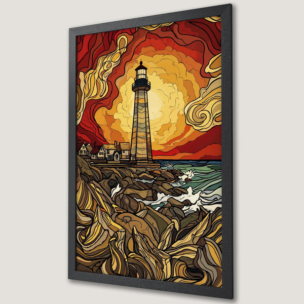 Framed Poster featuring a lighthouse at sunset. Artistic style with warm red, yellow, and brown color palette. Perfect wall art for any space.