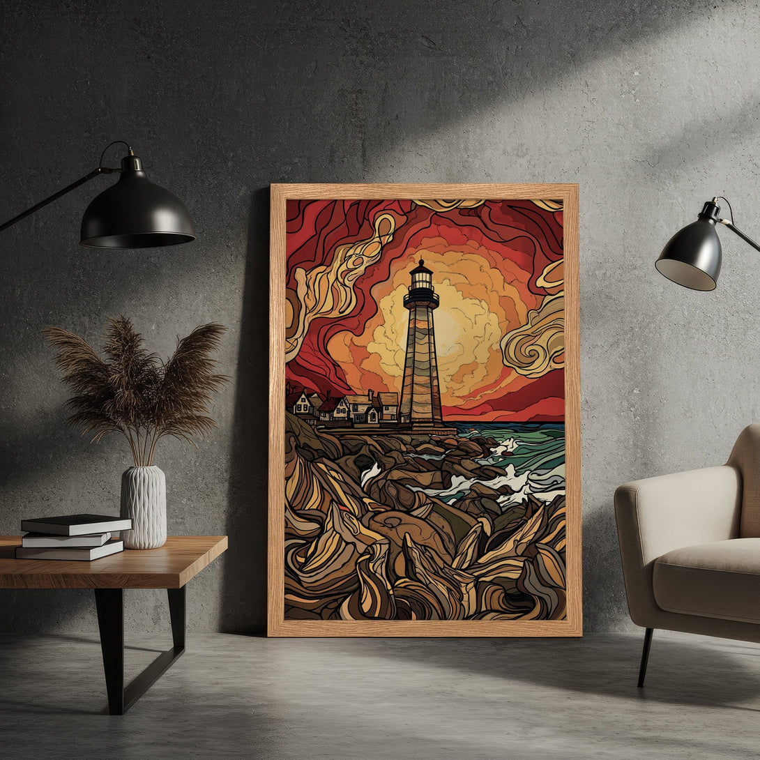 Framed Poster featuring a lighthouse art print. Vibrant sunset colors and unique, stylized artwork. Perfect wall decor for any space.