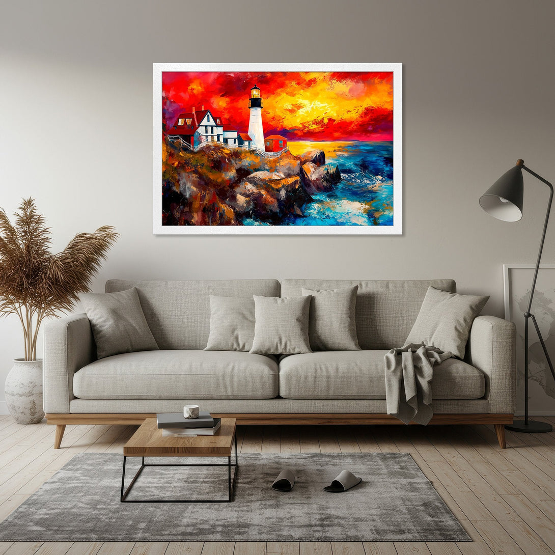 Framed Poster of a lighthouse painting. Bold, impressionistic style with vibrant reds, oranges, and blues. Perfect wall art!