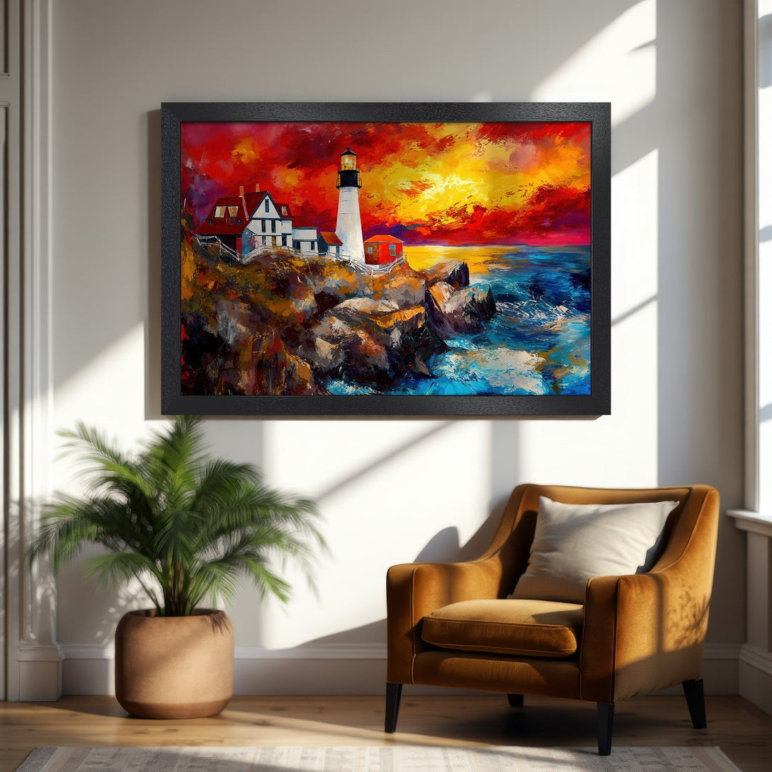 Framed Poster of a lighthouse painting in vibrant colors. Artistic style with a warm red, orange, and blue color palette. Perfect wall art!