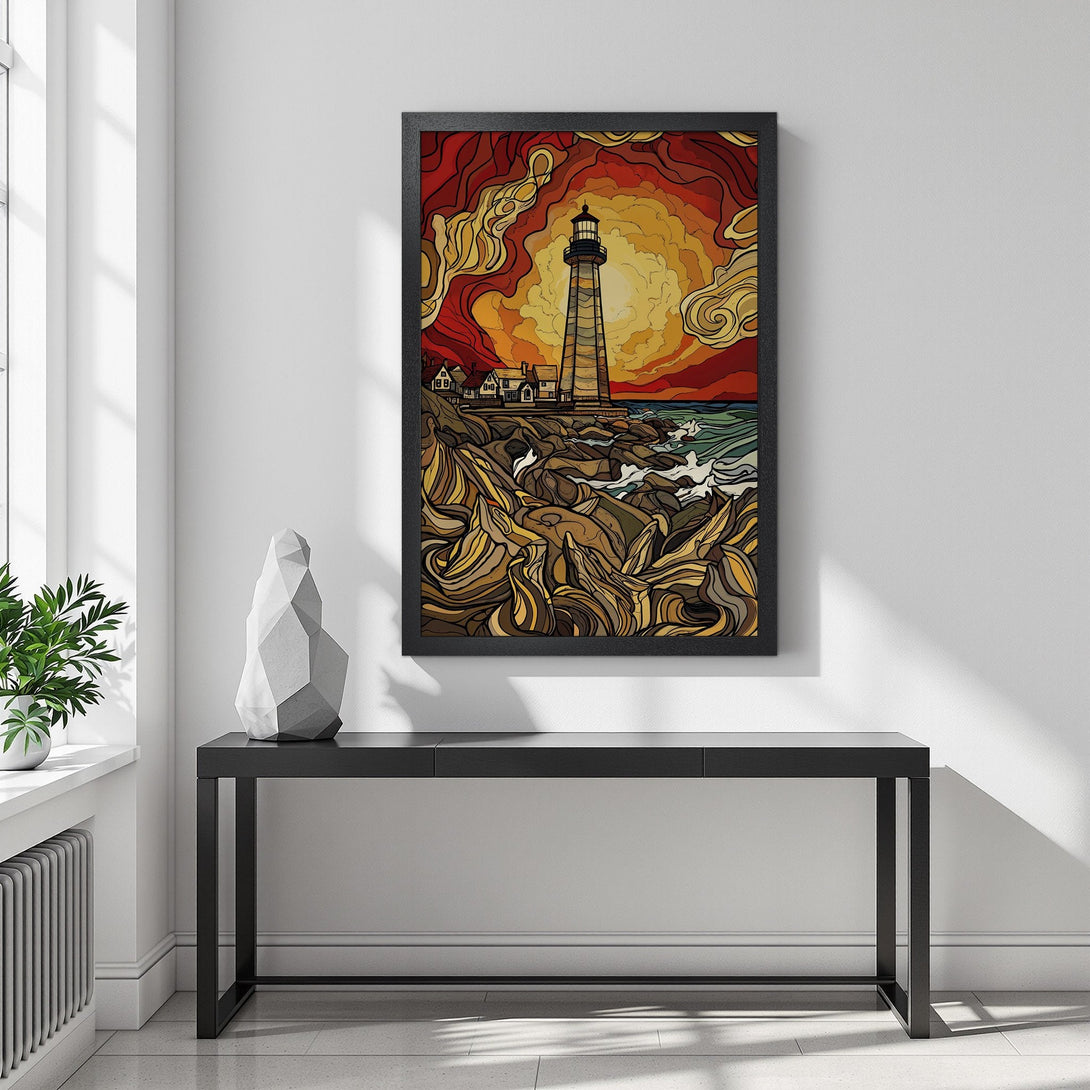 Framed Poster featuring a lighthouse at sunset. Stylized art with warm red, orange, and yellow tones. Coastal decor for your home.