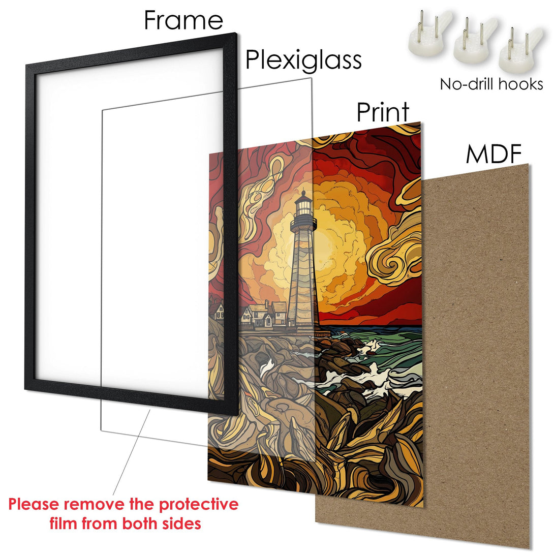 Framed Poster featuring a lighthouse art print in warm tones. Perfect wall decor!