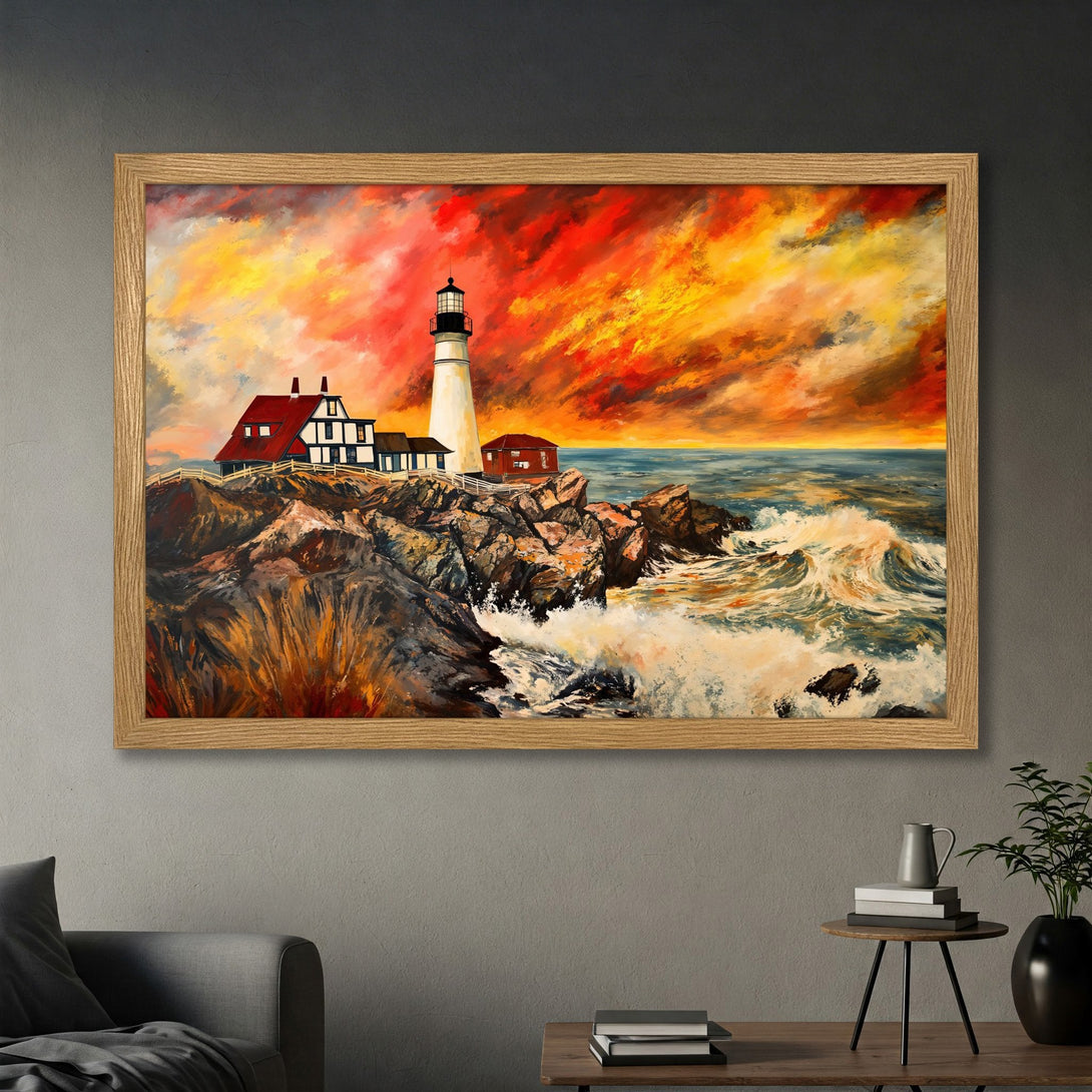 Framed Poster of a lighthouse on a rocky coast with a fiery sunset. Impressionistic style, vibrant red, orange, and yellow color palette.