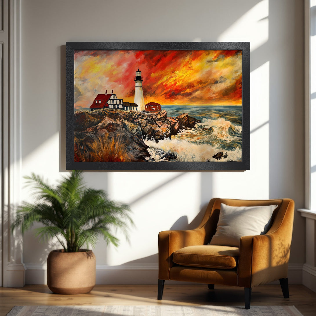 Framed Poster of a lighthouse painting in vibrant red, orange, and blue hues. Perfect wall art for any home!