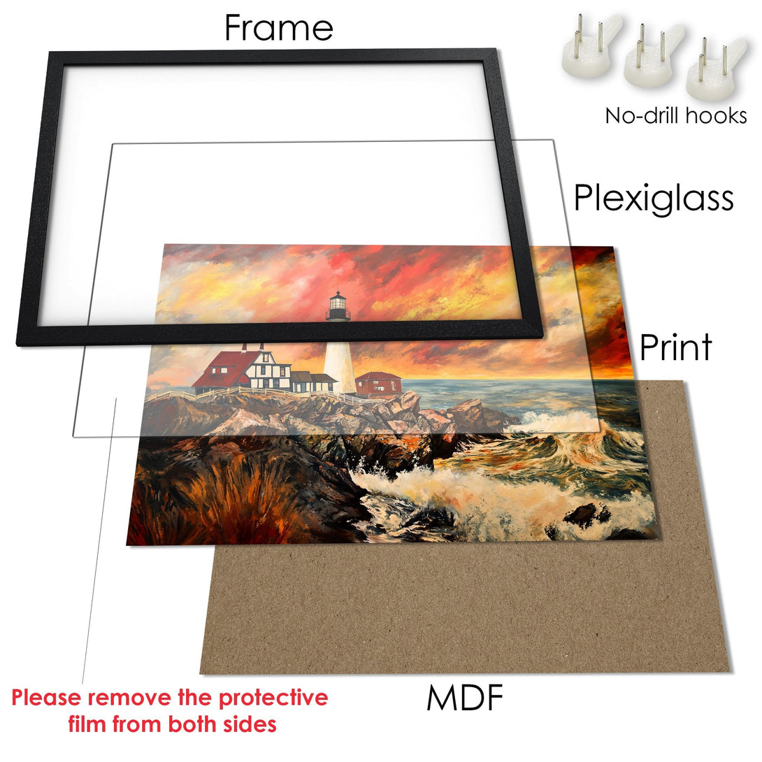 Framed Poster of a lighthouse at sunset. Dramatic art style with warm orange and blue tones. Perfect wall art!