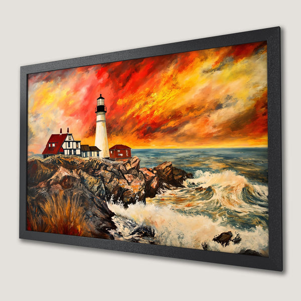 Framed Poster of a lighthouse painting. Dramatic style with fiery orange, yellow, and blue color palette. Coastal art for your home.