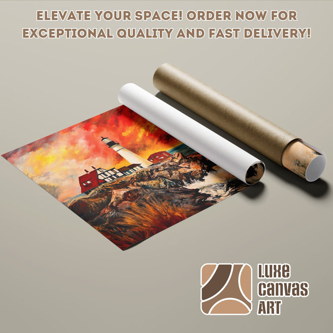 Lighthouse Poster Roll, vibrant art print with warm red & orange tones. Elevate your space!