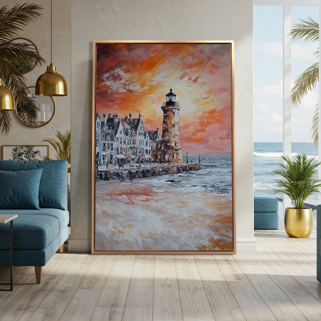 Framed Wall Art: Lighthouse painting with sunset sky. Coastal-inspired art in warm orange and white tones. Perfect for adding a touch of serenity to your home.
