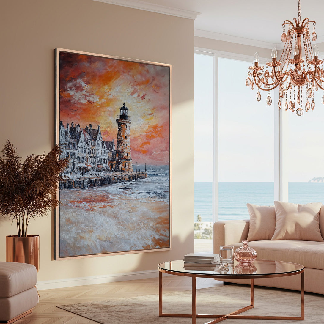 Framed Wall Art: Coastal lighthouse painting with warm orange and beige tones. Impressionistic style Canvas Print adds elegance to any interior.