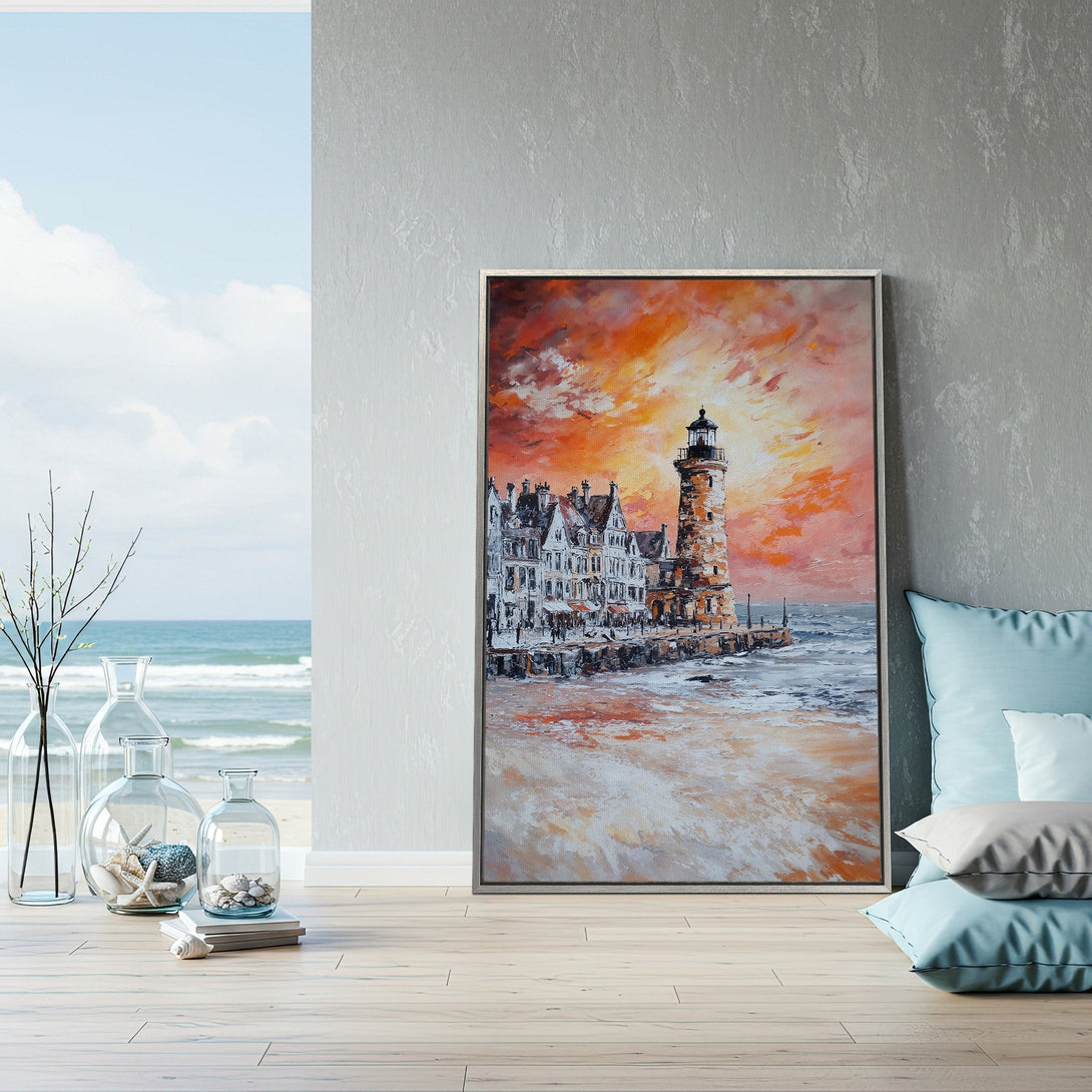 Framed Wall Art: Lighthouse painting with warm orange and red sunset hues. Coastal art in a modern interior. Perfect wall decor for any space.