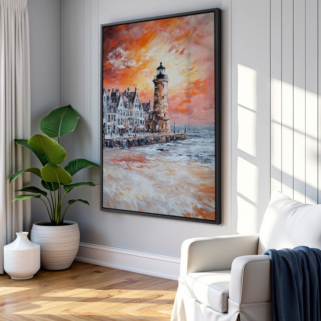 Framed Wall Art: Coastal lighthouse painting in warm orange and white tones. Perfect for adding a touch of art and style to your home decor.