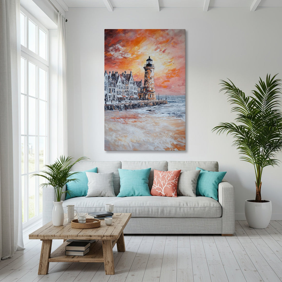 Framed Wall Art: Coastal lighthouse painting with warm sunset hues. Adds a touch of elegance to any space. Shop our Canvas Print collection now!