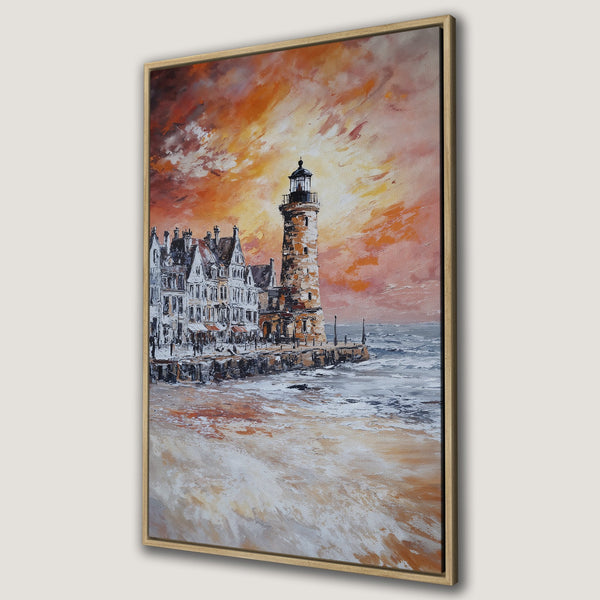Framed Wall Art: Coastal lighthouse painting in warm sunset colors. Textured impasto style canvas print perfect for adding a touch of art to your home.