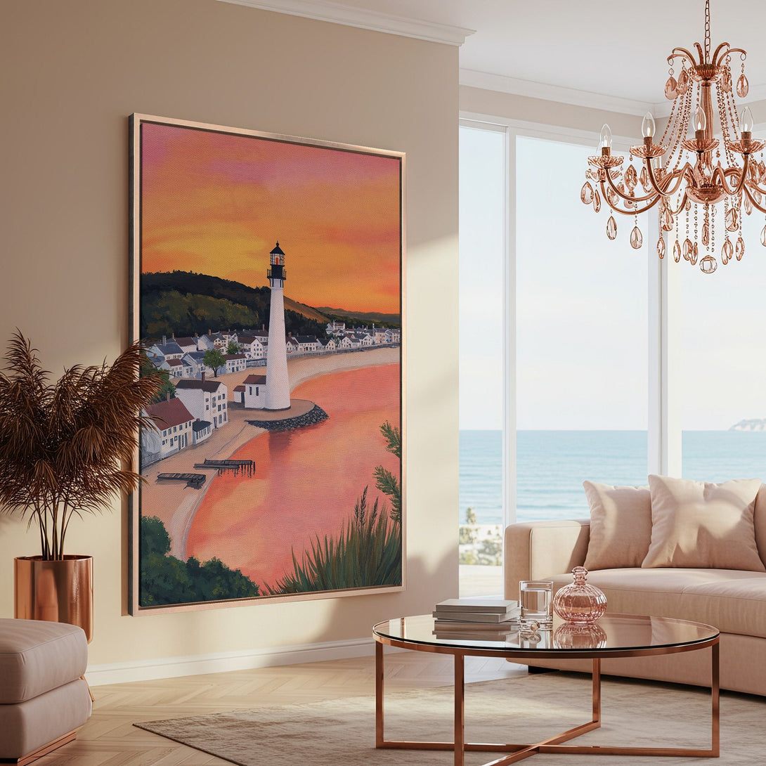 Framed Wall Art: Coastal lighthouse scene in warm sunset hues. Enhance your space with this beautiful canvas print, featuring a serene, colorful landscape.