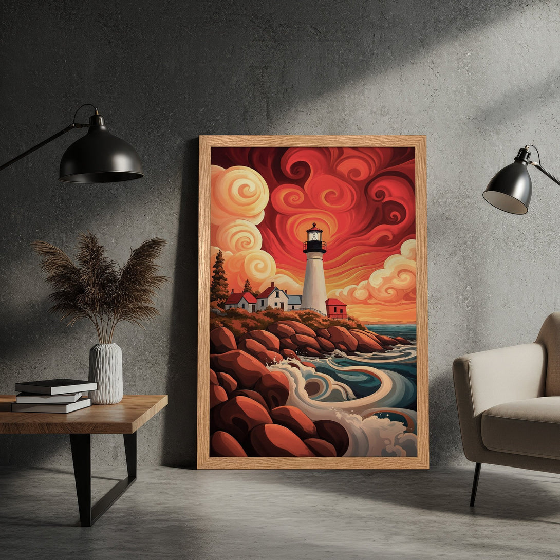 Framed Poster of a lighthouse at sunset. Vibrant, stylized artwork with warm red and orange hues. Coastal art print for your home.