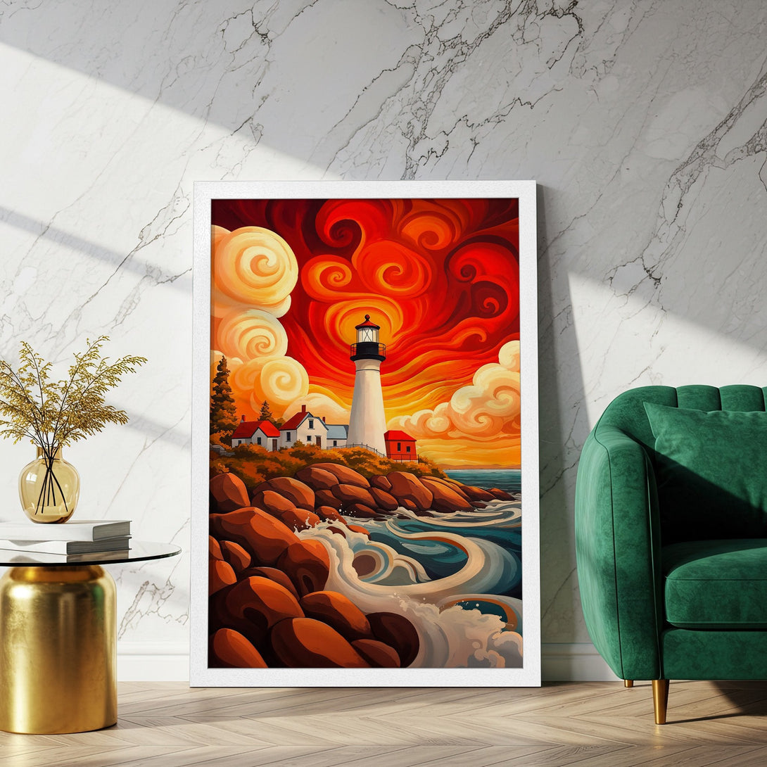 Framed Poster of a lighthouse at sunset. Vibrant, stylized artwork with warm red, orange, and yellow hues. Perfect wall art!